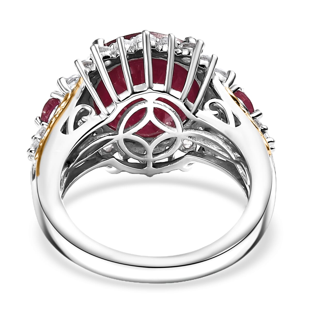 AAA Niassa Ruby (FF) and White Zircon 11.80 ctw Elegant Vintage Ring in 18K Vermeil YG and Rhodium Over Sterling Silver (Size 9.0) image number 4