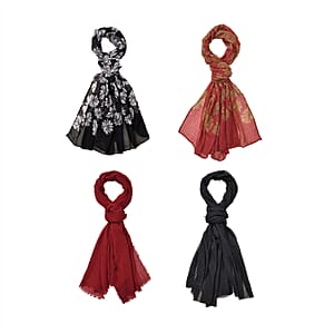  Set of 4, Red and Black 2 pcs Petunia Flower Print with match 2 Pcs Solid Color Crimp Polyester Scarfs 
