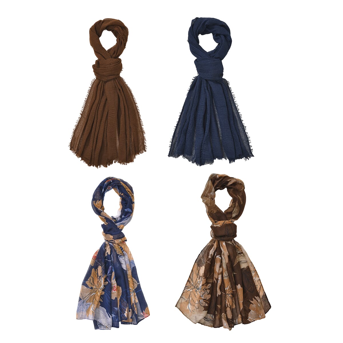Set of 4, Navy and Brown 2 pcs Peony Flower Print with match 2 Pcs Solid Color Crimp Polyester Scarfs  image number 0