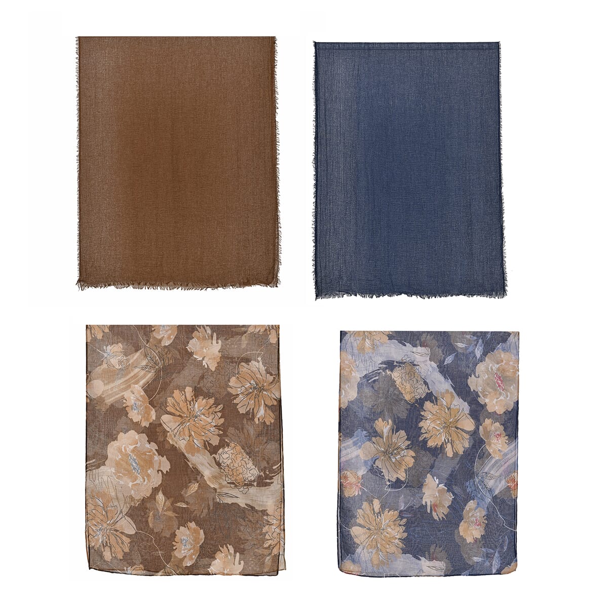 Set of 4, Navy and Brown 2 pcs Peony Flower Print with match 2 Pcs Solid Color Crimp Polyester Scarfs  image number 1