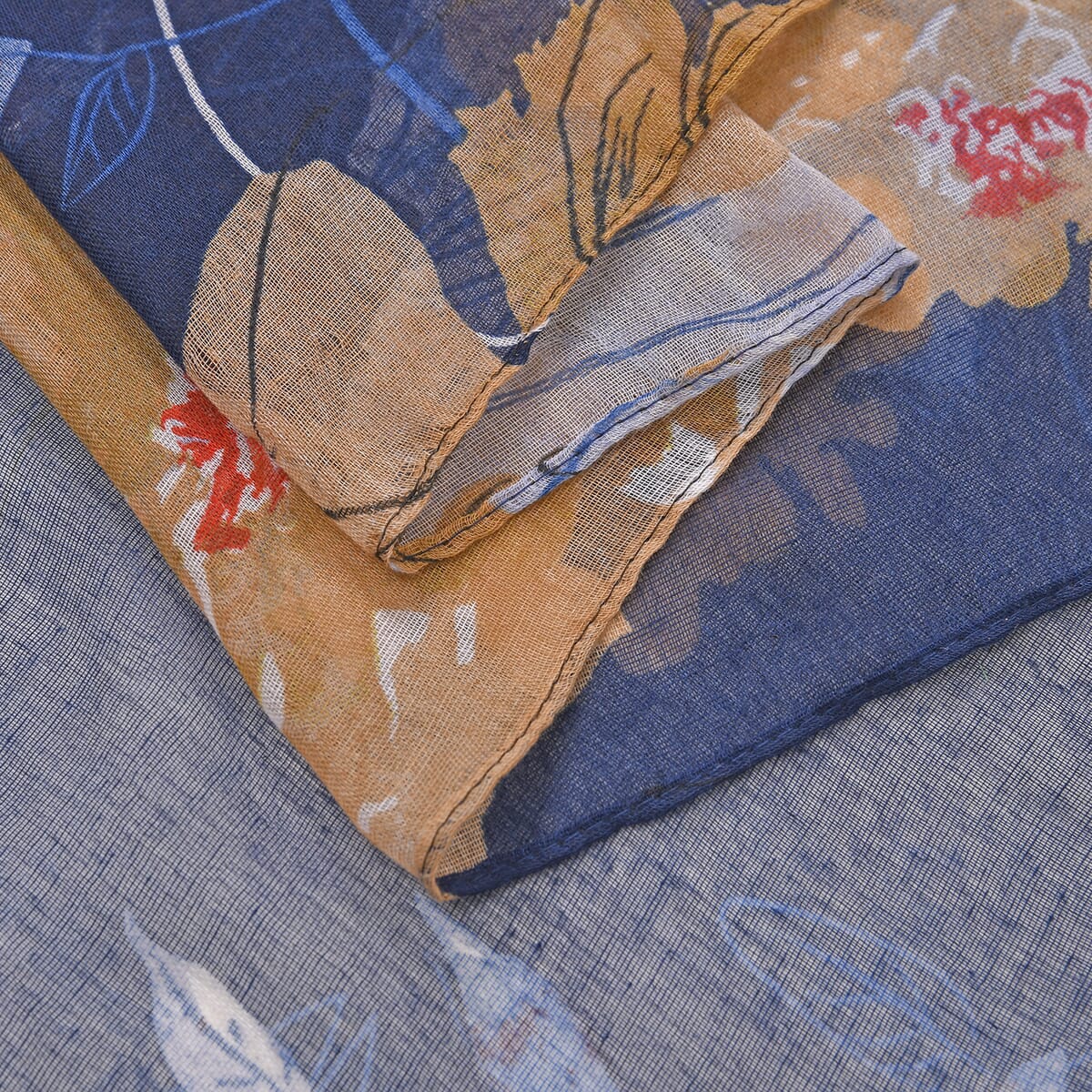 Set of 4, Navy and Brown 2 pcs Peony Flower Print with match 2 Pcs Solid Color Crimp Polyester Scarfs  image number 2