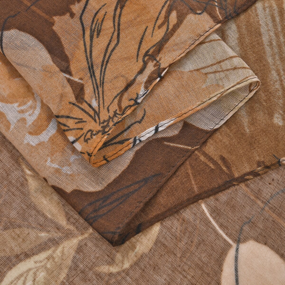 Set of 4, Navy and Brown 2 pcs Peony Flower Print with match 2 Pcs Solid Color Crimp Polyester Scarfs  image number 3
