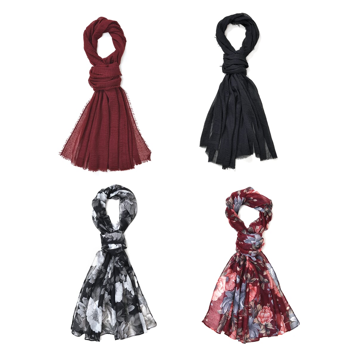 Set of 4, Red and White 2 pcs Carnation Flower Print with match 2 Pcs Solid Color Crimp Polyester Scarfs  image number 0
