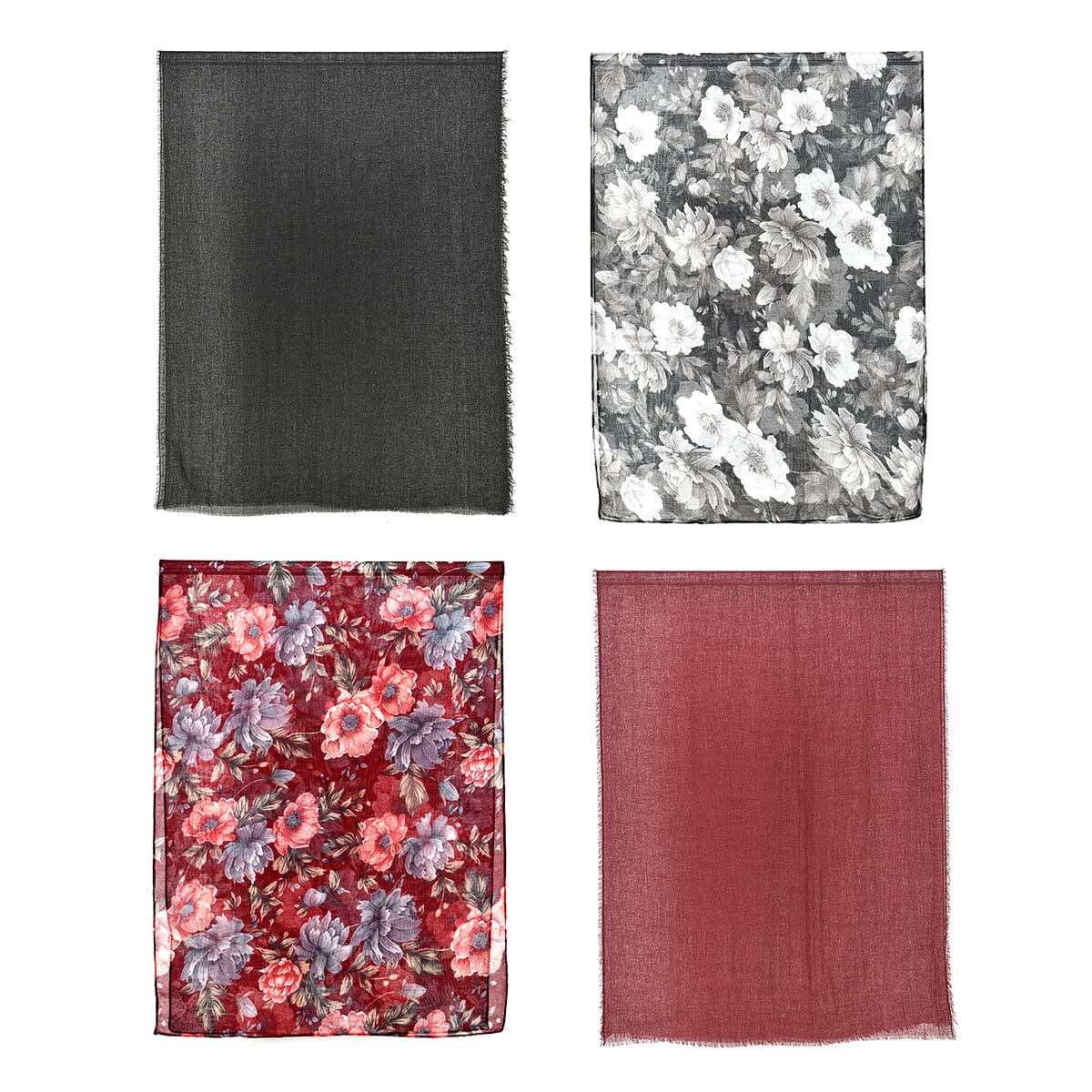 Set of 4, Red and White 2 pcs Carnation Flower Print with match 2 Pcs Solid Color Crimp Polyester Scarfs  image number 1