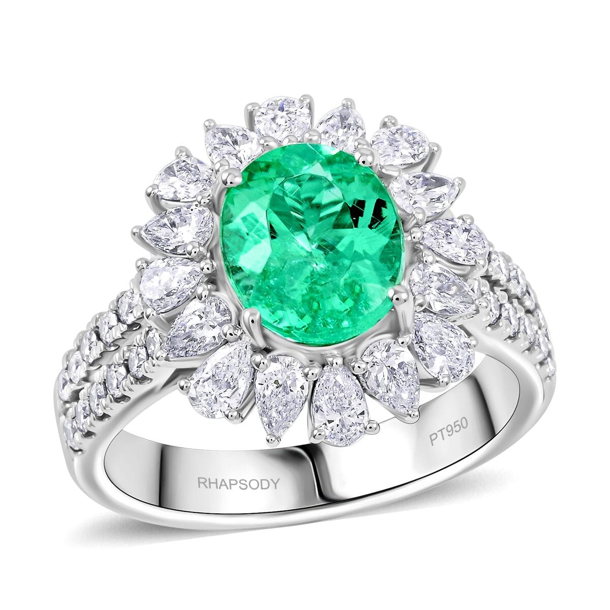 Chairman Vault Certified & Appraised Rhapsody AAAA Paraiba Tourmaline and E-F VS Diamond 3.40 ctw Ring in 950 Platinum (Size 7.0) 10.70 Grams image number 0