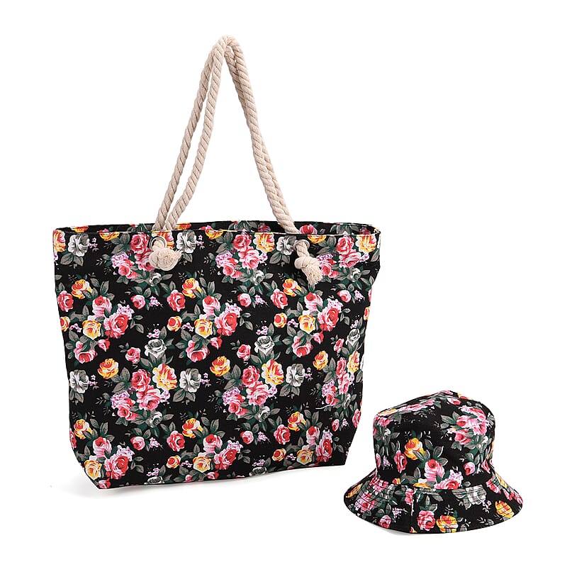 2pcs Set Black Rose Pattern Beach Tote Bag and Hat