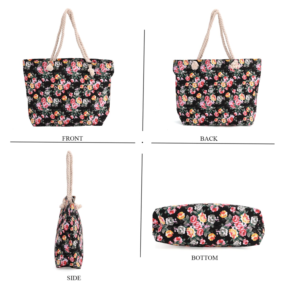 2pcs Set Black Rose Pattern Beach Tote Bag and Hat image number 1