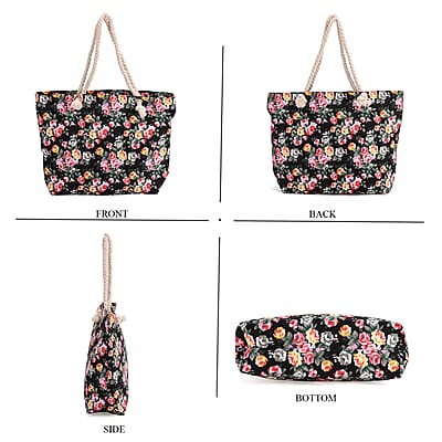 2pcs Set Black Rose Pattern Beach Tote Bag and Hat