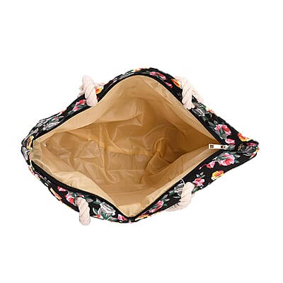 2pcs Set Black Rose Pattern Beach Tote Bag and Hat