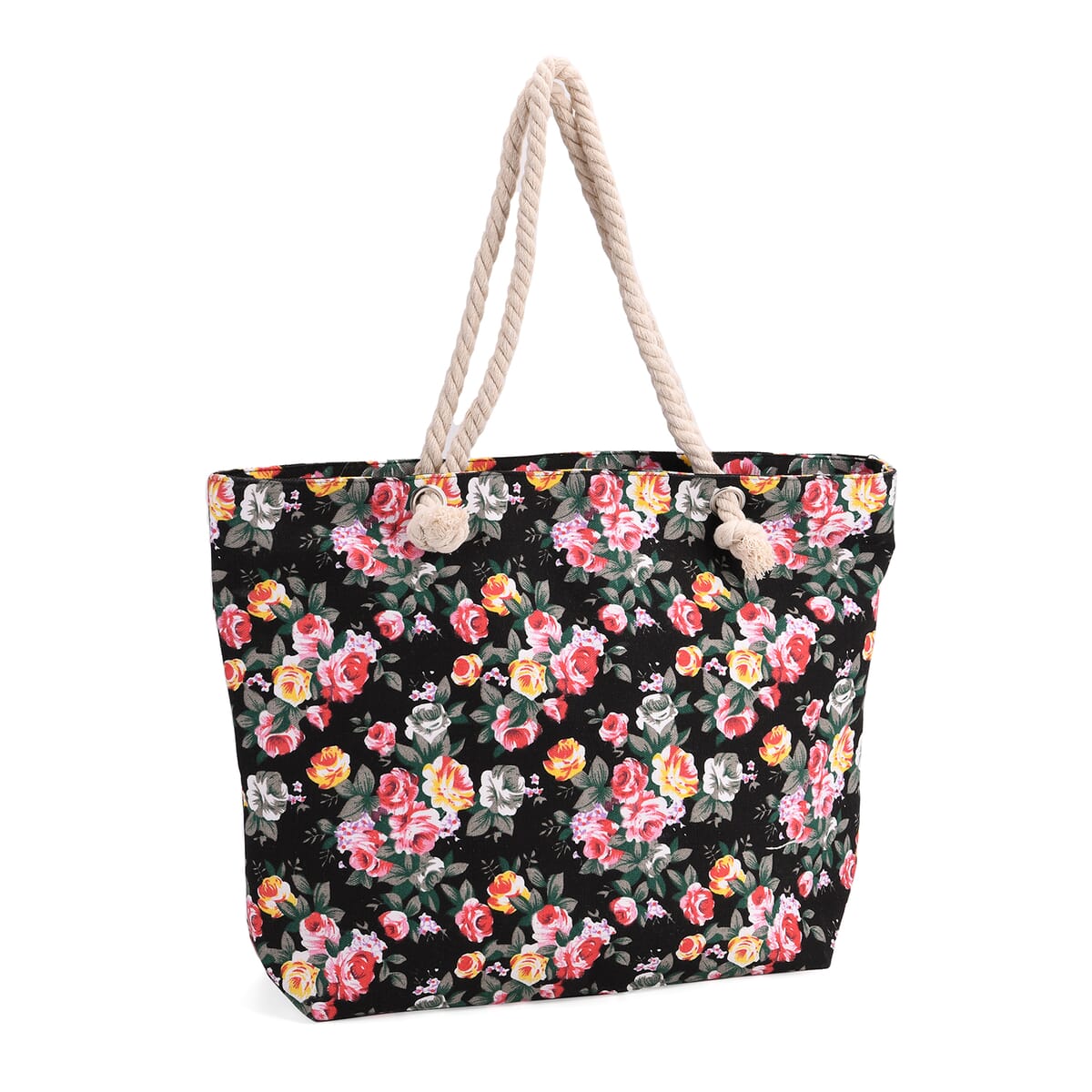 2pcs Set Black Rose Pattern Beach Tote Bag and Hat image number 3