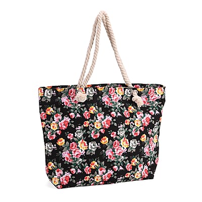 2pcs Set Black Rose Pattern Beach Tote Bag and Hat