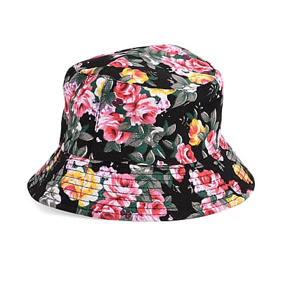 2pcs Set Black Rose Pattern Beach Tote Bag and Hat