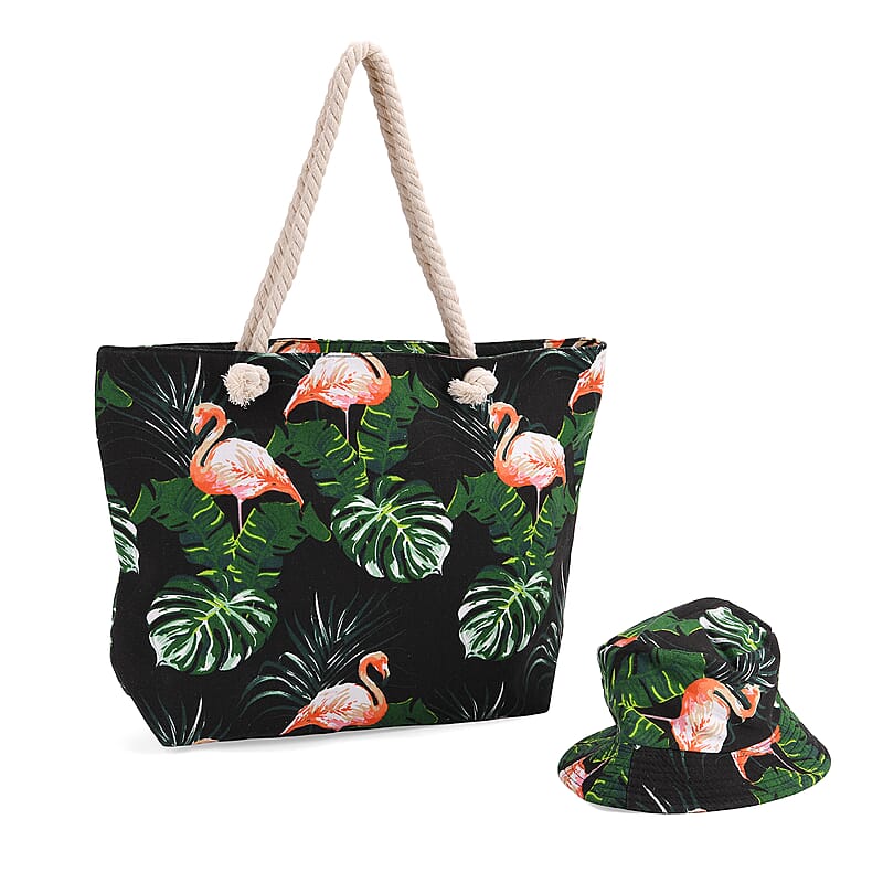 2pcs Set Black Flamingo Pattern Beach Tote Bag and Hat
