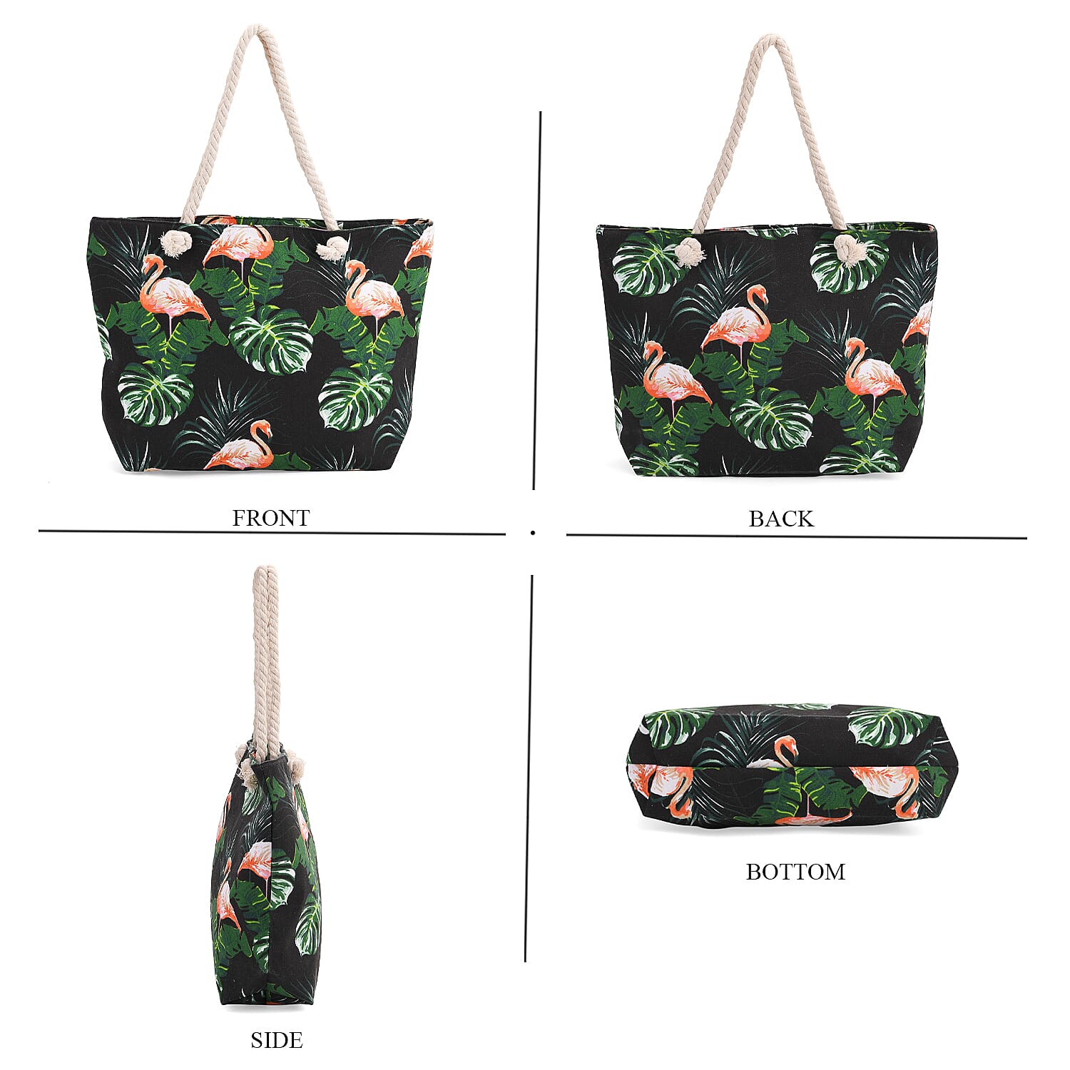 2pcs Set Black Flamingo Pattern Beach Tote Bag and Hat