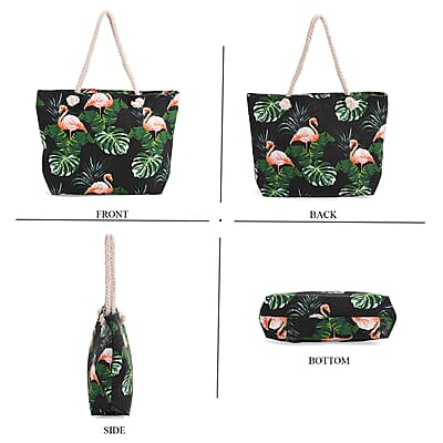 2pcs Set Black Flamingo Pattern Beach Tote Bag and Hat