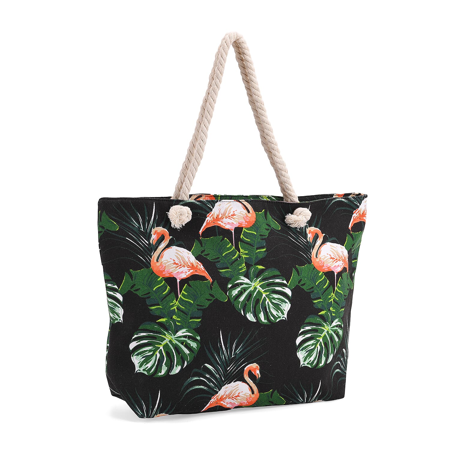 2pcs Set Black Flamingo Pattern Beach Tote Bag and Hat