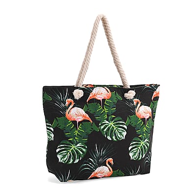 2pcs Set Black Flamingo Pattern Beach Tote Bag and Hat