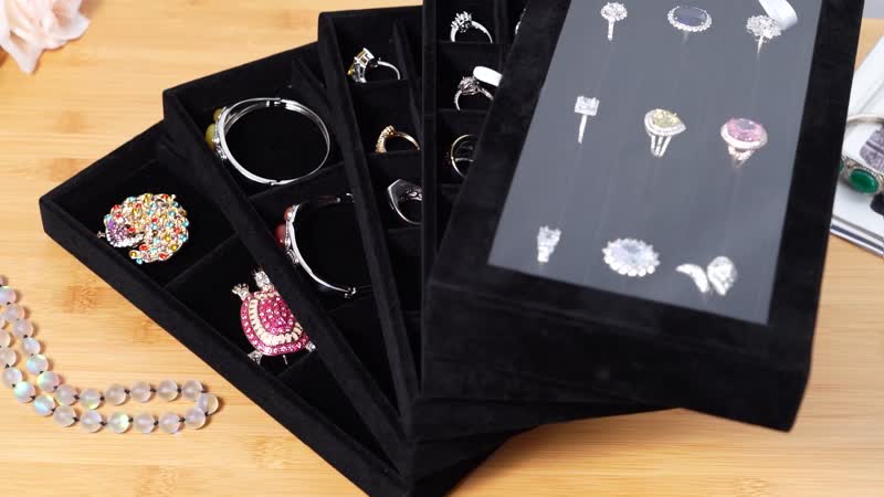 Black 5 Layer Stackable Jewelry Box (9.5"x5.5"x5.5") with 5pcs Anti Tarnish Silver Polishing Clean Cloth (4.3"x2.7")