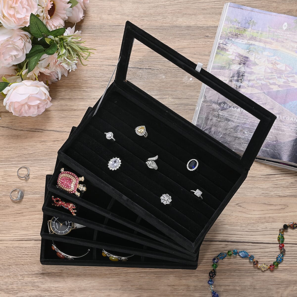 Black 5 Layer Stackable Jewelry Box with 5pcs Anti Tarnish Silver Polishing Clean Cloth image number 1