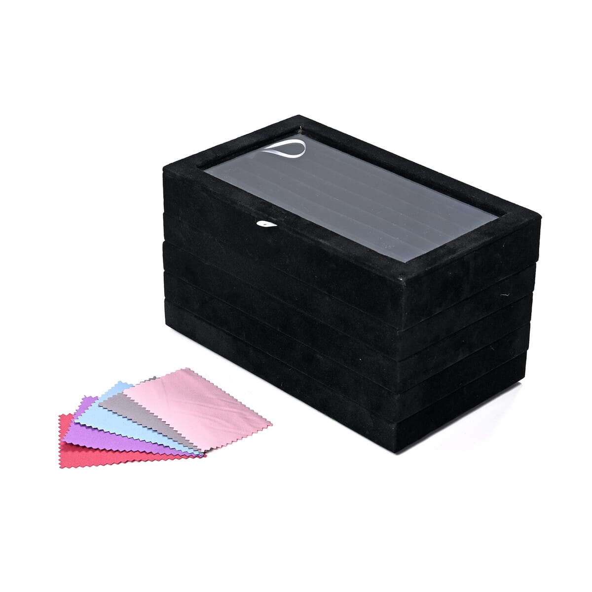 Black 5 Layer Stackable Jewelry Box with 5pcs Anti Tarnish Silver Polishing Clean Cloth image number 2