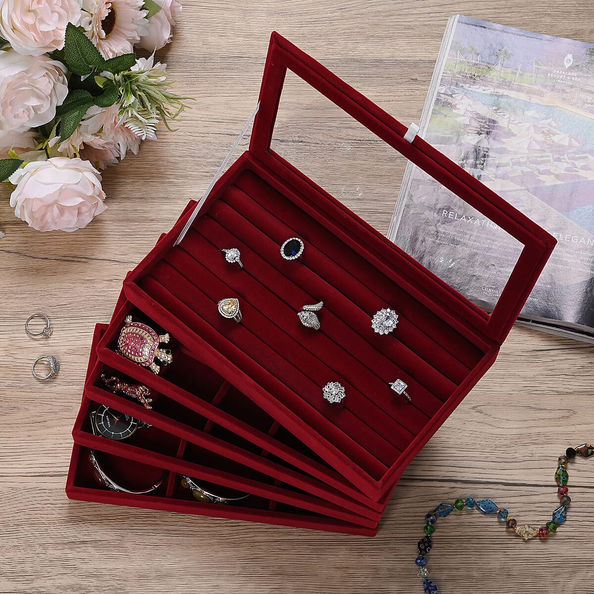 Wine Red 5 Layer Stackable Jewelry Box with 5pcs Anti Tarnish Silver Polishing Clean Cloth image number 1