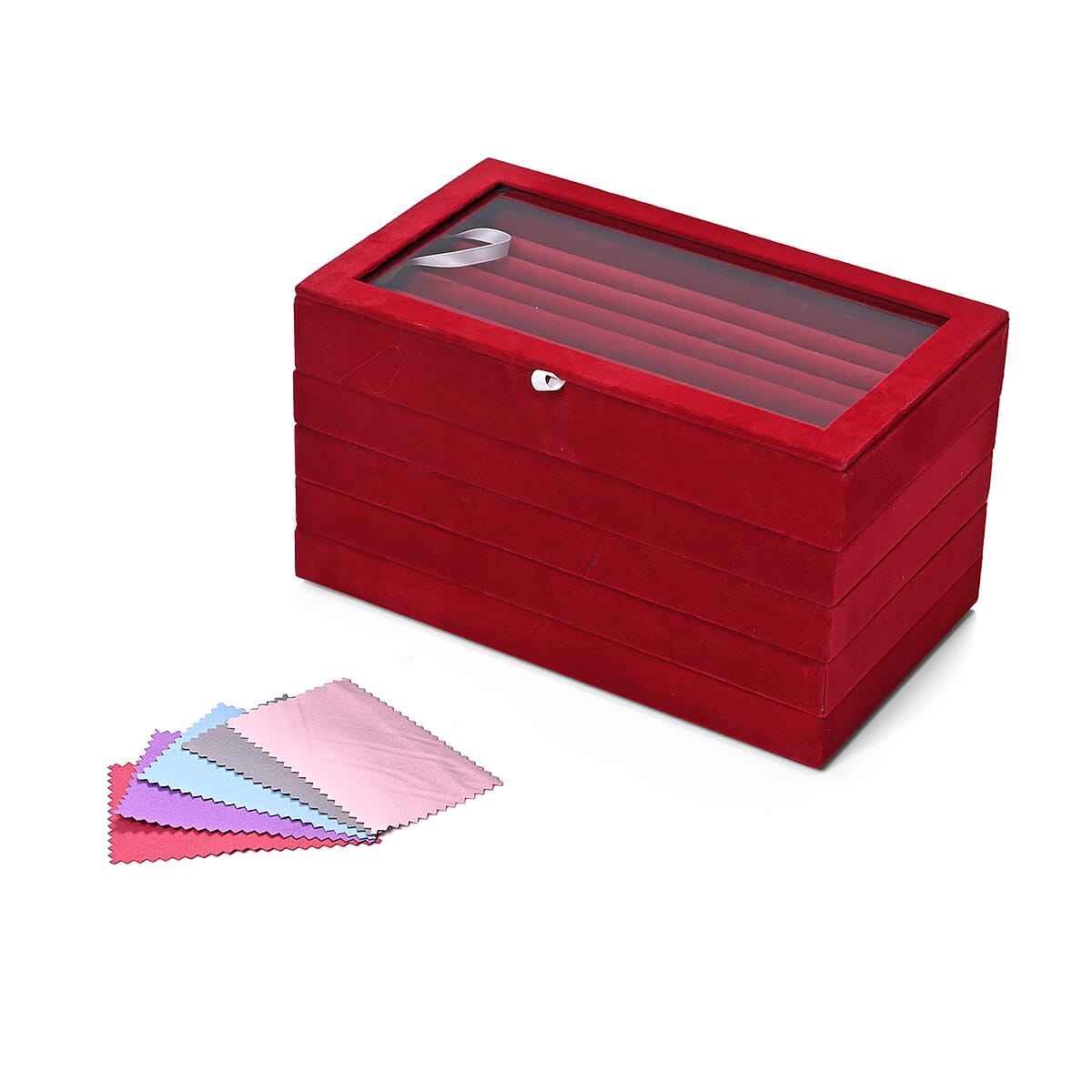 Wine Red 5 Layer Stackable Jewelry Box with 5pcs Anti Tarnish Silver Polishing Clean Cloth image number 2