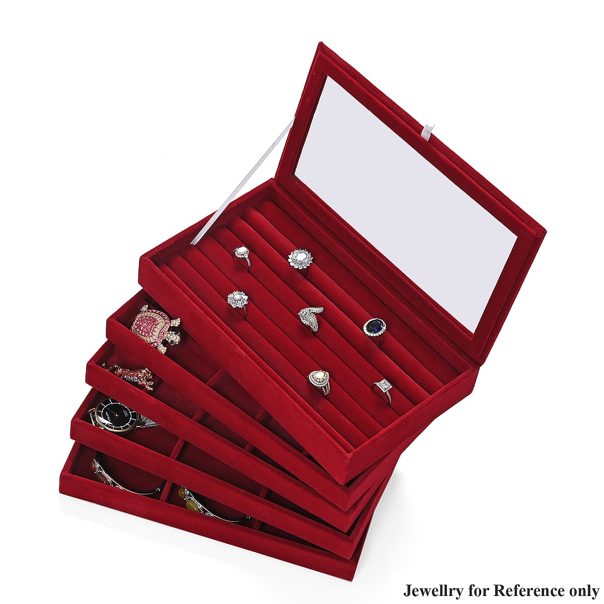 Wine Red 5 Layer Stackable Jewelry Box with 5pcs Anti Tarnish Silver Polishing Clean Cloth image number 5
