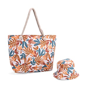 2pcs Set Black with Multi Color Leaves Pattern Beach Tote Bag and Hat