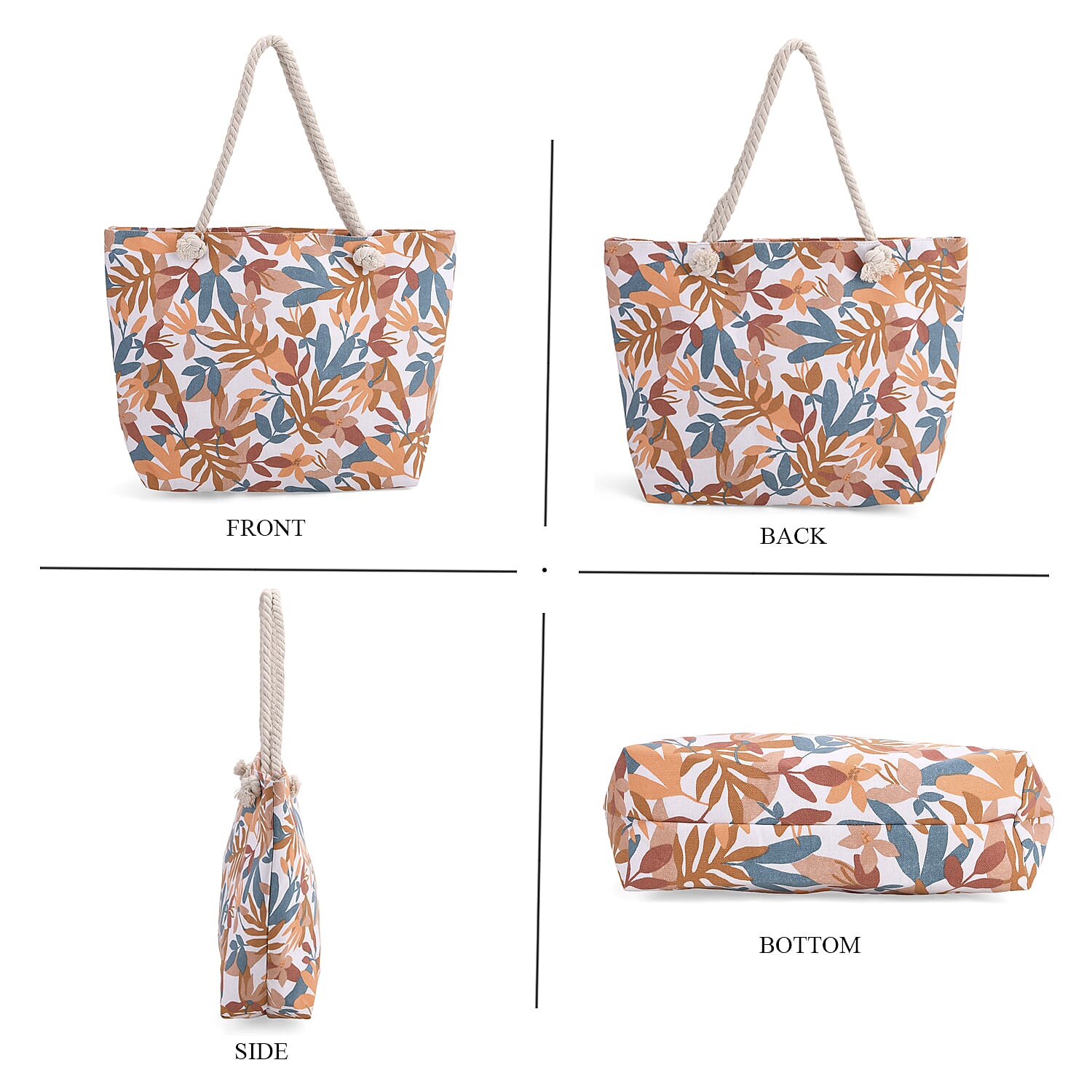 2pcs Set Black with Multi Color Leaves Pattern Beach Tote Bag and Hat