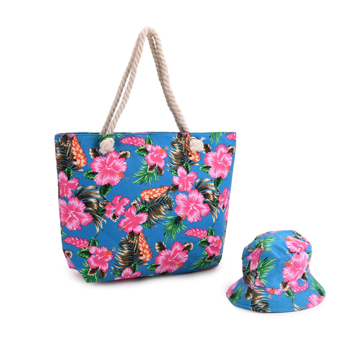 2pcs Set Blue Hibiscus Flower Pattern Beach Tote Bag and Hat image number 0