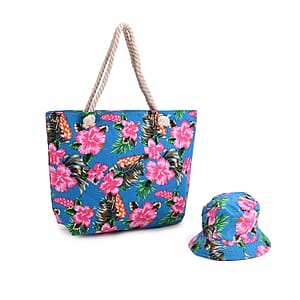 2pcs Set Blue Hibiscus Flower Pattern Beach Tote Bag and Hat