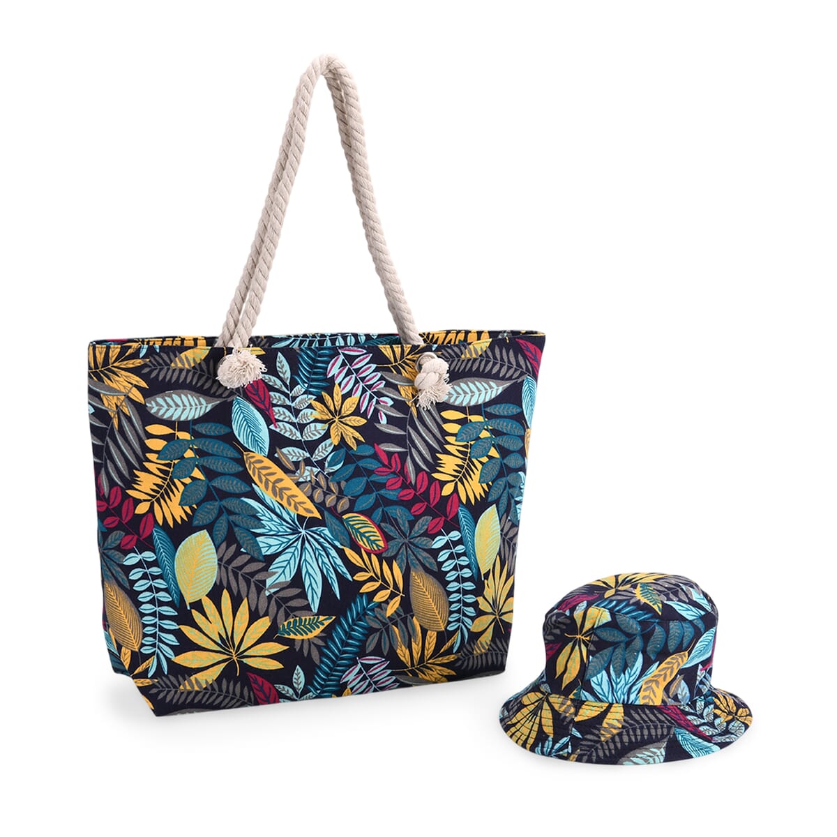 2pcs Set Black Leaves Pattern Beach Tote Bag and Hat image number 0