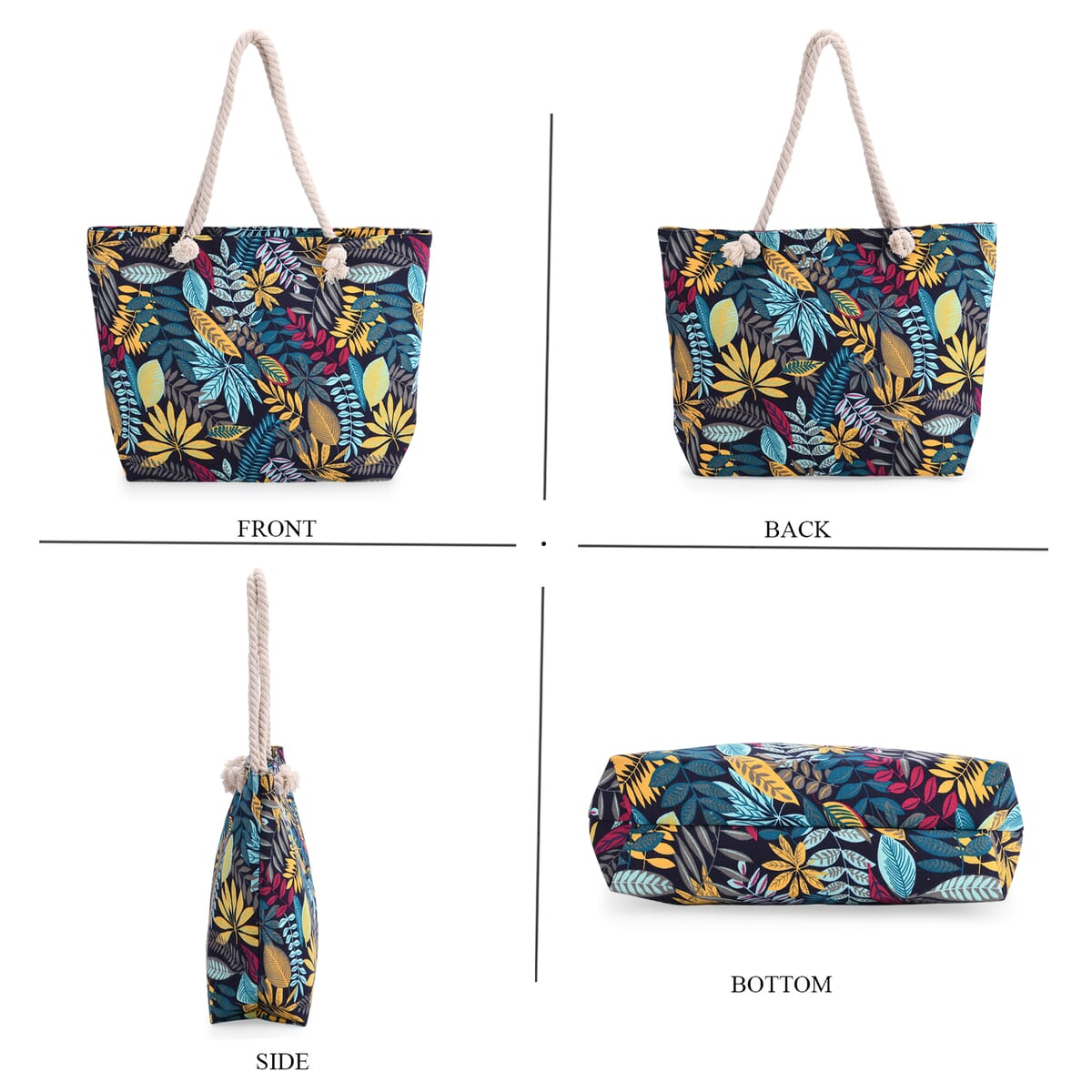 2pcs Set Black Leaves Pattern Beach Tote Bag and Hat image number 1