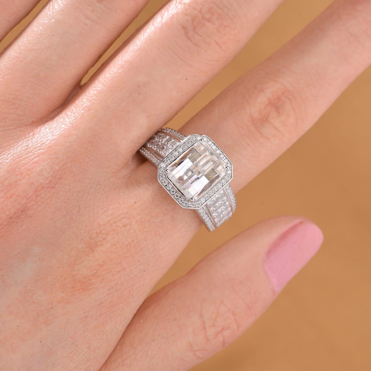 Moissanite 5.00 ctw Ring in Rhodium Over Sterling Silver (Size 6.0) image number 1