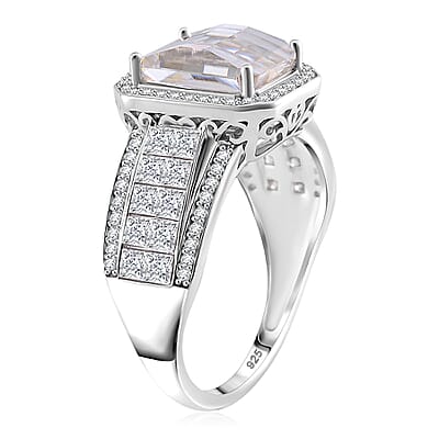 Fancy Cut White Moissanite 5.00 ctw Art Deco Ring in Rhodium Over Sterling Silver (Size 6.0)