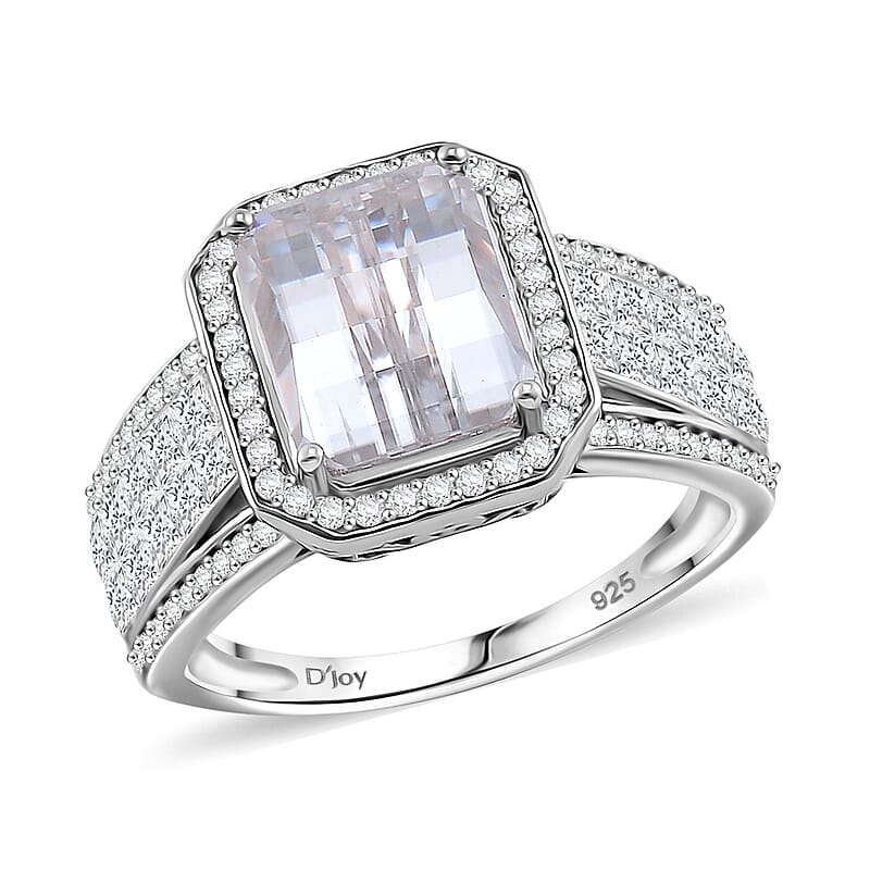 Fancy Cut White Moissanite 5.00 ctw Art Deco Ring in Rhodium Over Sterling Silver (Size 8.0)