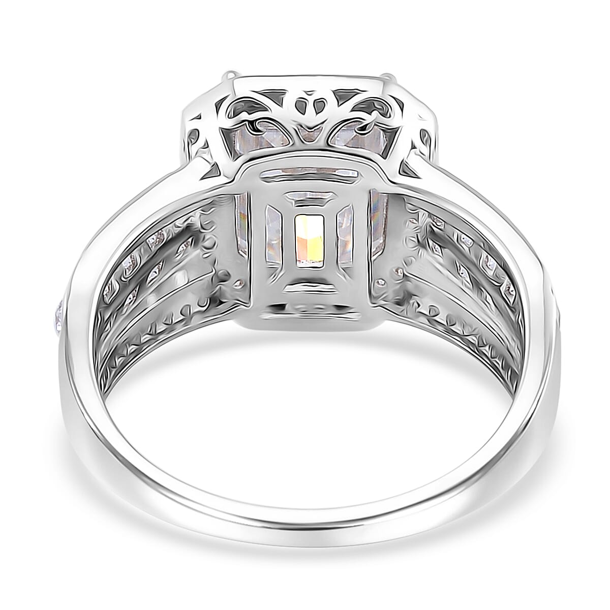 Fancy Cut White Moissanite 5.00 ctw Art Deco Ring in Rhodium Over Sterling Silver (Size 8.0) image number 3