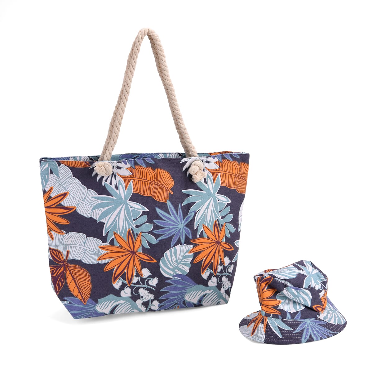 2pcs Set Orange Leaves Pattern Beach Tote Bag and Hat image number 0