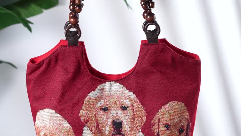 Dogs Pattern Tote Bag with Wooden Beads Handle
