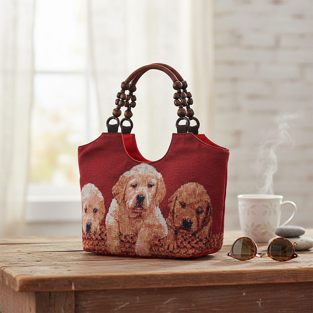 Dogs Pattern Tote Bag with Wooden Beads Handle image number 1