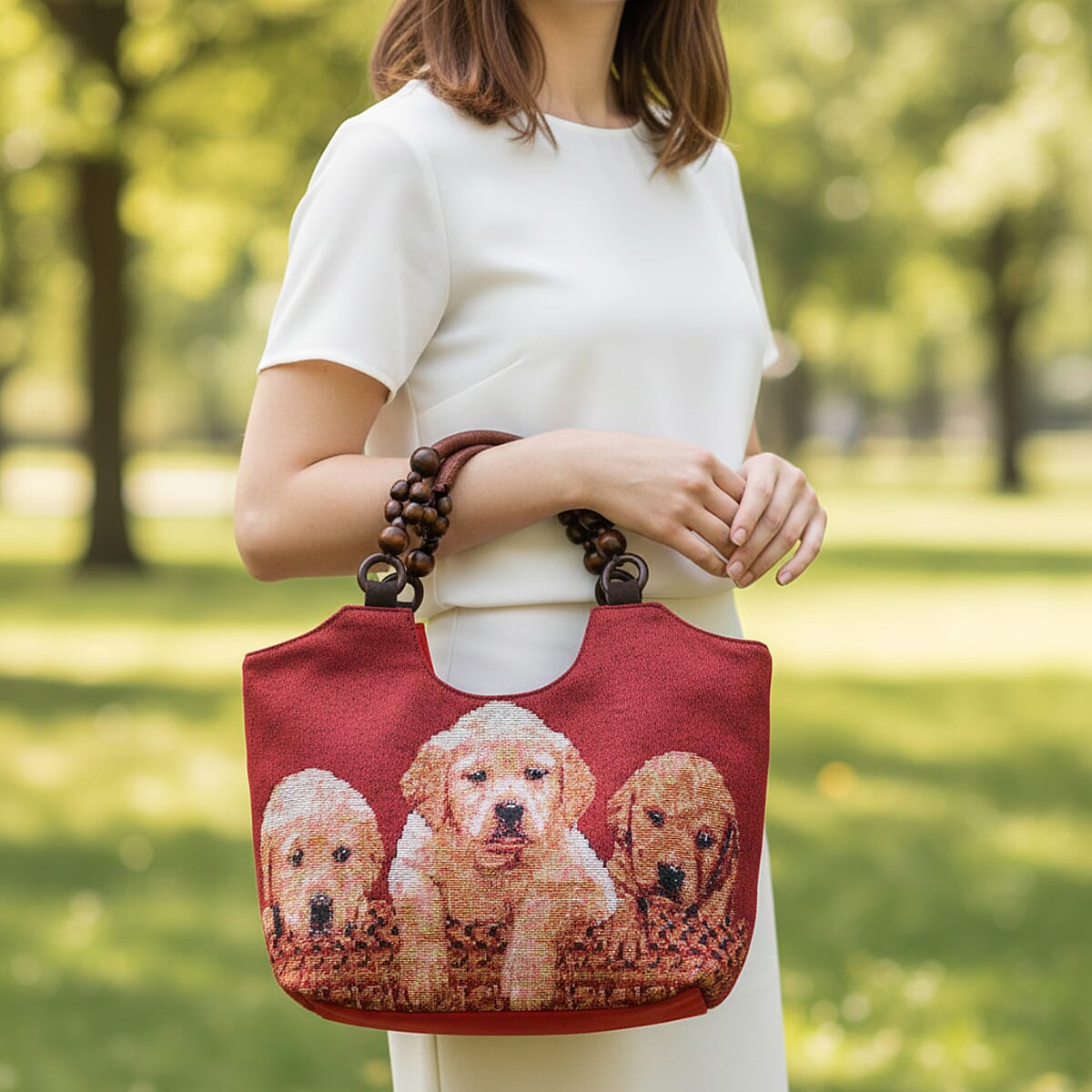Dogs Pattern Tote Bag with Wooden Beads Handle image number 2