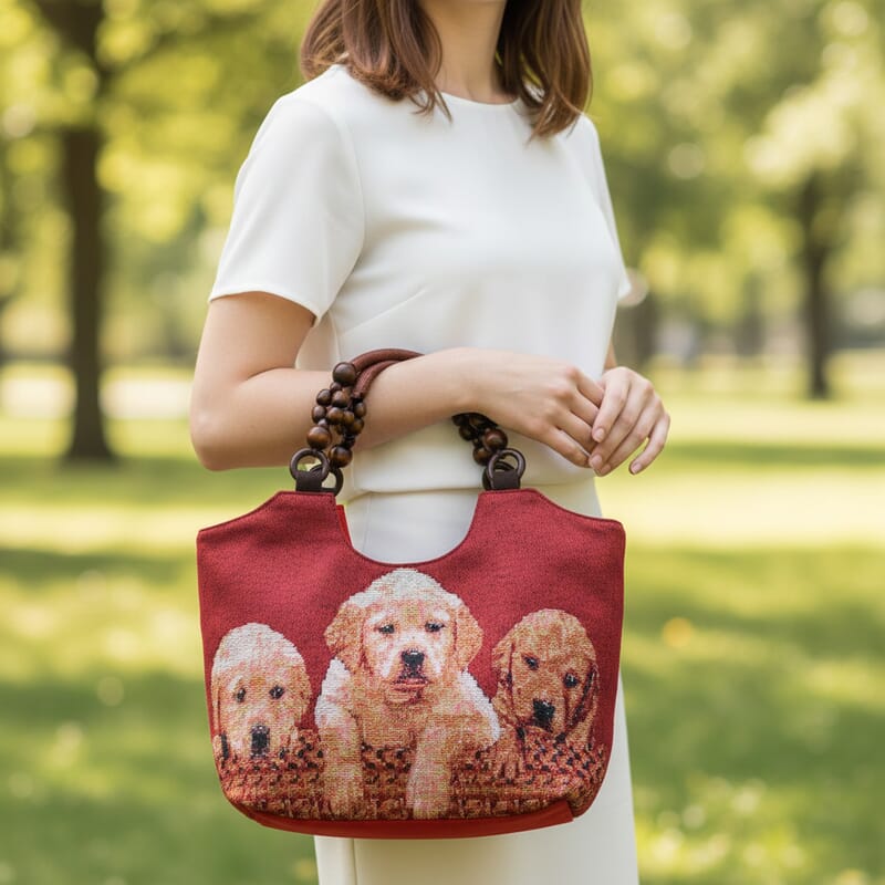 La Marey Dogs Pattern Tote Bag with Wooden Beads Handle