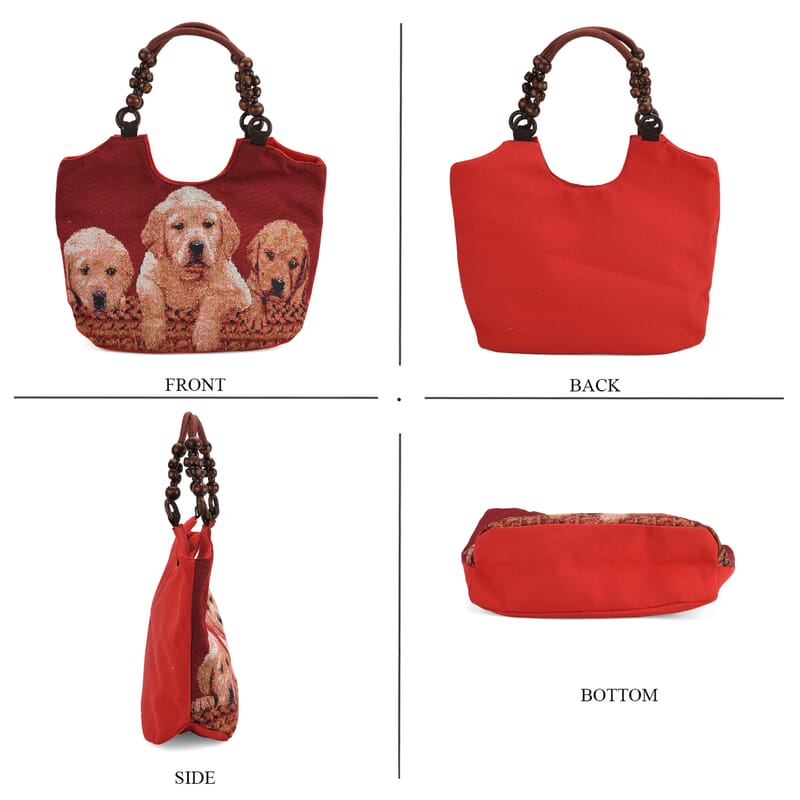 La Marey Dogs Pattern Tote Bag with Wooden Beads Handle
