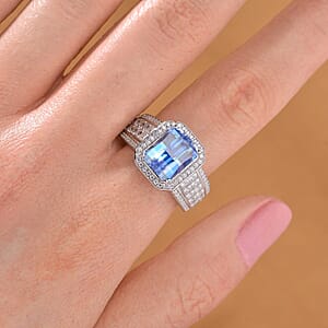 Fancy Cut Blue and White Moissanite 5.00 ctw Art Deco Ring in Rhodium Over Sterling Silver (Size 10.0)