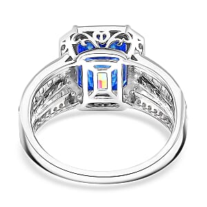 Fancy Cut Blue and White Moissanite 5.00 ctw Art Deco Ring in Rhodium Over Sterling Silver (Size 10.0)