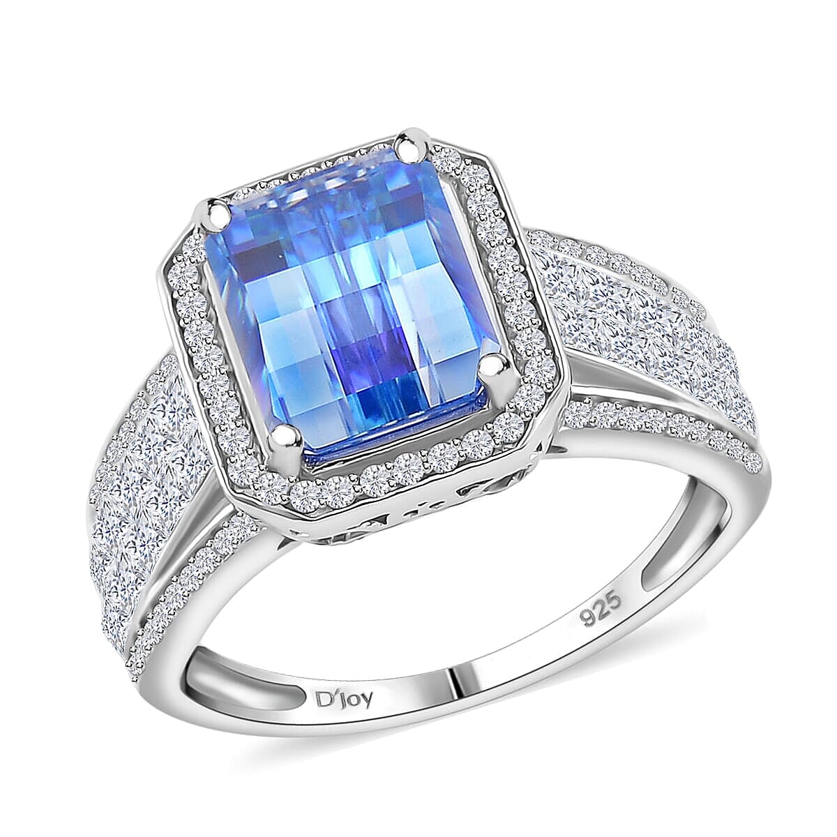 Blue and White Moissanite (Oct 10x8mm) Ring in Rhodium Over Sterling Silver (Size 5.0) 5.00 ctw