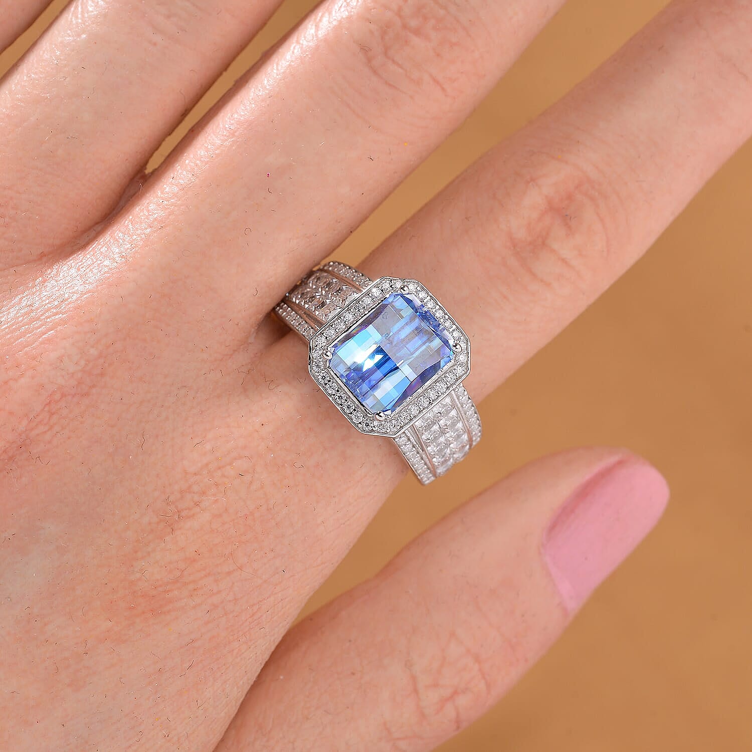 Blue and White Moissanite (Oct 10x8mm) Ring in Rhodium Over Sterling Silver (Size 5.0) 5.00 ctw