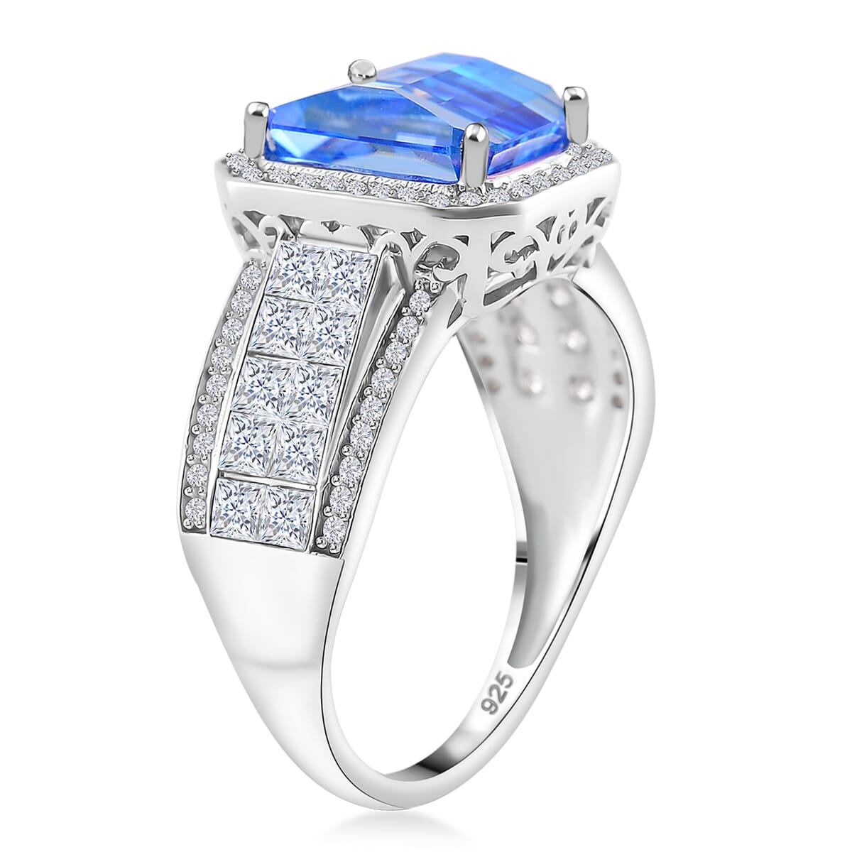 Blue and White Moissanite 5.00 ctw Ring in Rhodium Over Sterling Silver (Size 6.0) image number 2