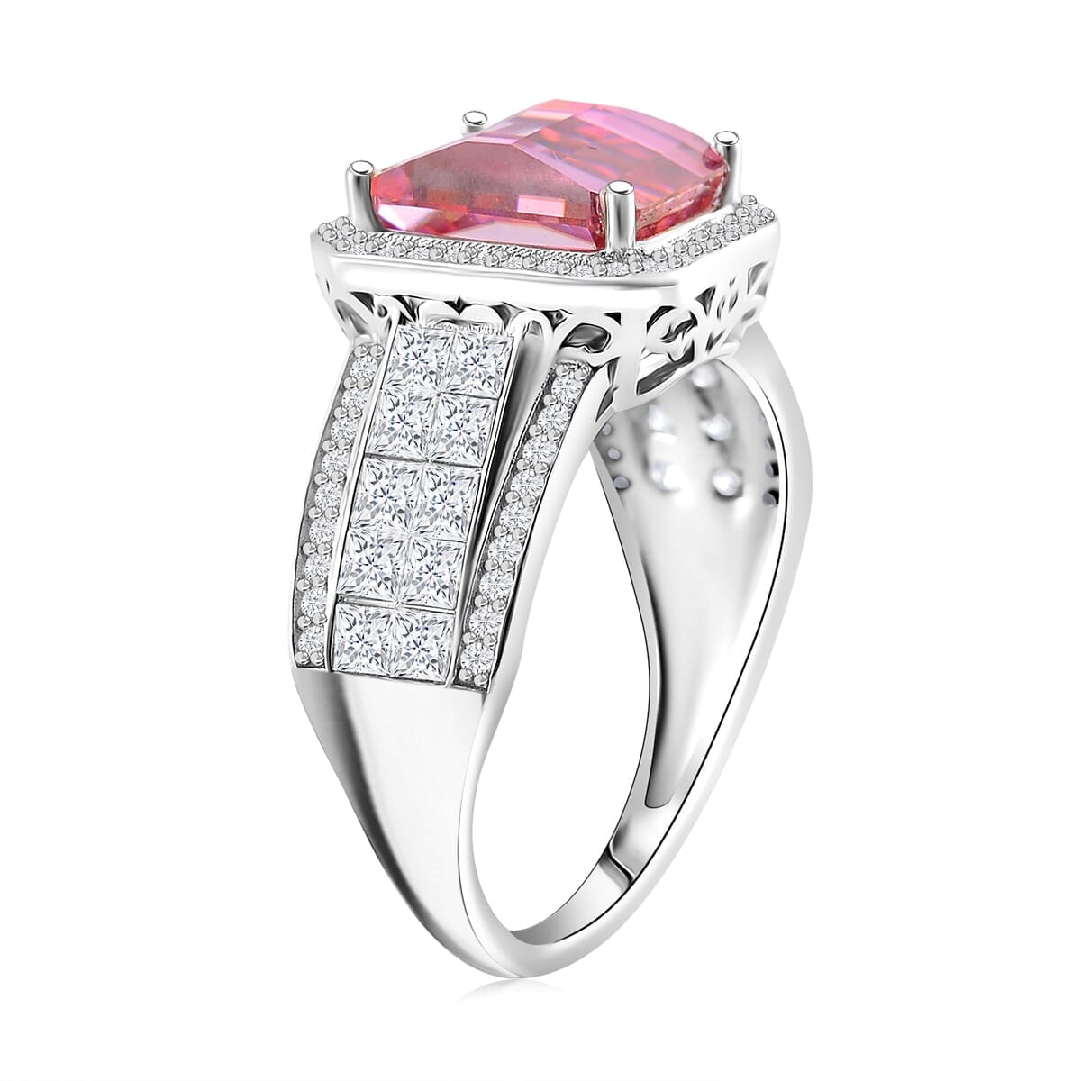 Pink and White Moissanite 6.20 ctw Ring in Rhodium Over Sterling Silver (Size 10.0) image number 2