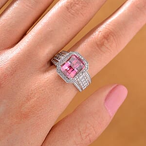 Fancy Cut Pink and White Moissanite 6.20 ctw Art Deco Ring in Rhodium Over Sterling Silver (Size 6.0)